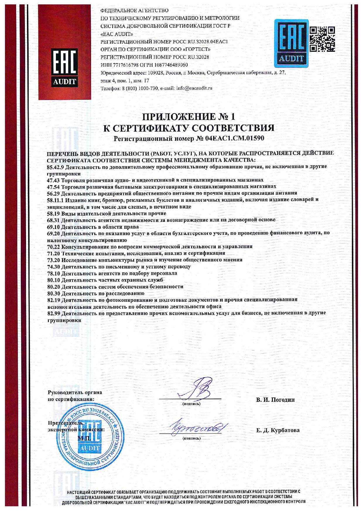 Приложение №1 к сертификату соответствия Приложение №1 к сертификату соответствия